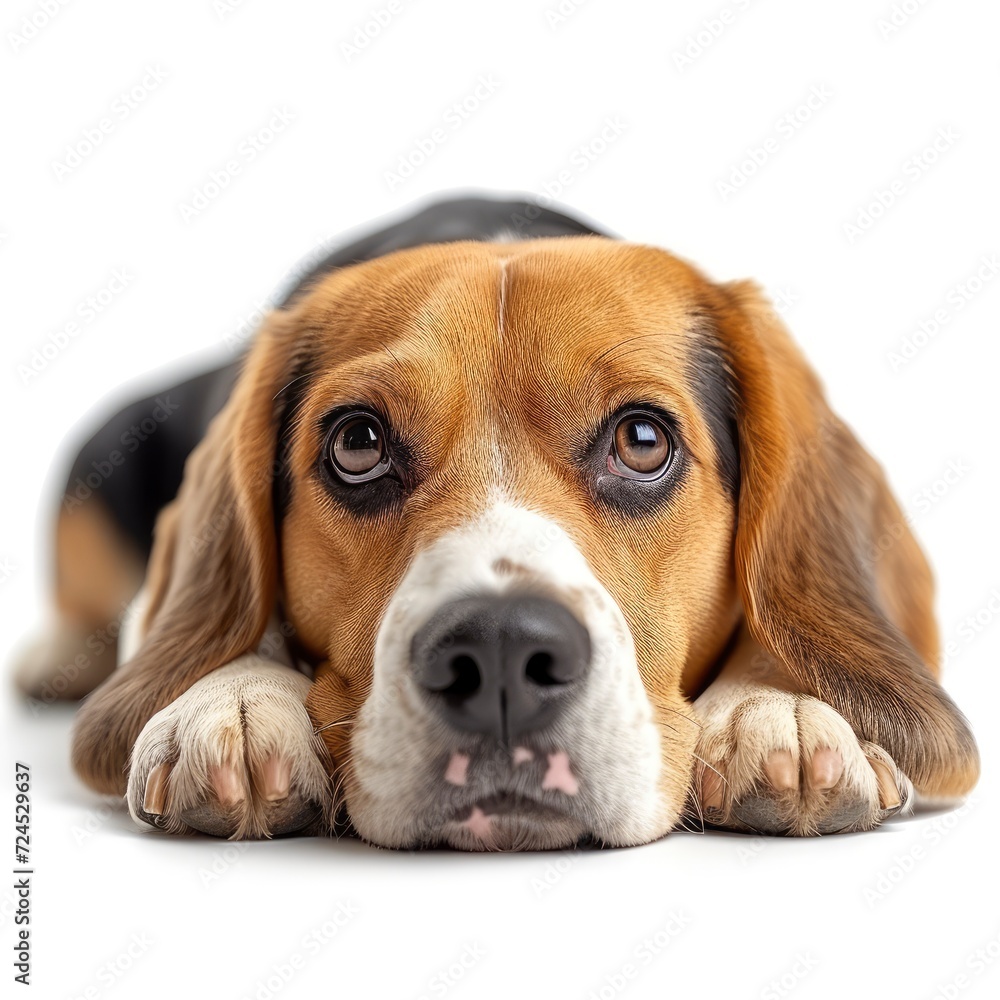 Dog Breed Beagle Lying On Floor On White Background, Illustrations Images