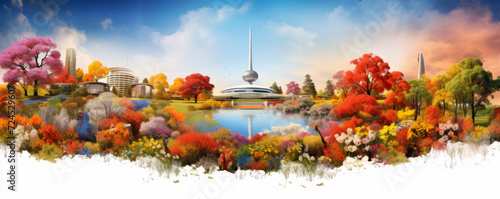 Panoramic illustration of an autumn cityscape seamlessly blends with a foreground of lush and colorful autumn foliage. Ecology and city. Abstract background