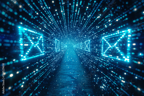 Email icons stretching into the distance in a blue digital corridor photo