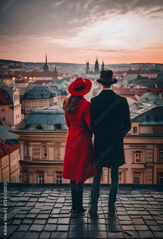 A young couple in love stands on the roof and looks down on Prague