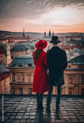 A young couple in love stands on the roof and looks down on Prague