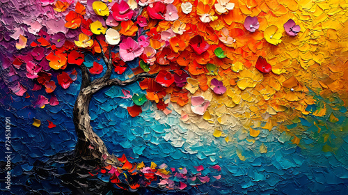  Painting of a tree with colorful flowers in the autumn season.