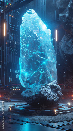 Futuristic Sci-Fi Featuring an Ice Cube Podium, Decorated with Holographic Displays and Illuminated by Neon Lights.