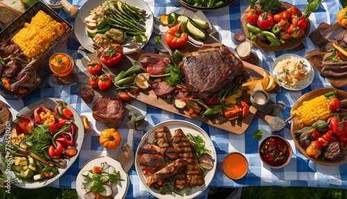 Picnic with meat and vegetables in a picturesque place in nature. A lot of food