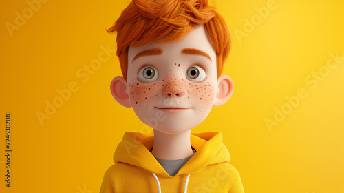 A lively and adorable cartoon boy with a sprinkle of freckles wears a vibrant yellow hoodie in this charming 3D headshot illustration. With a joyful expression and exaggerated features, he c photo