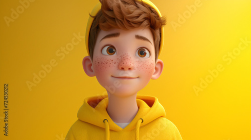 A lively and adorable cartoon boy with a sprinkle of freckles wears a vibrant yellow hoodie in this charming 3D headshot illustration. With a joyful expression and exaggerated features, he c photo
