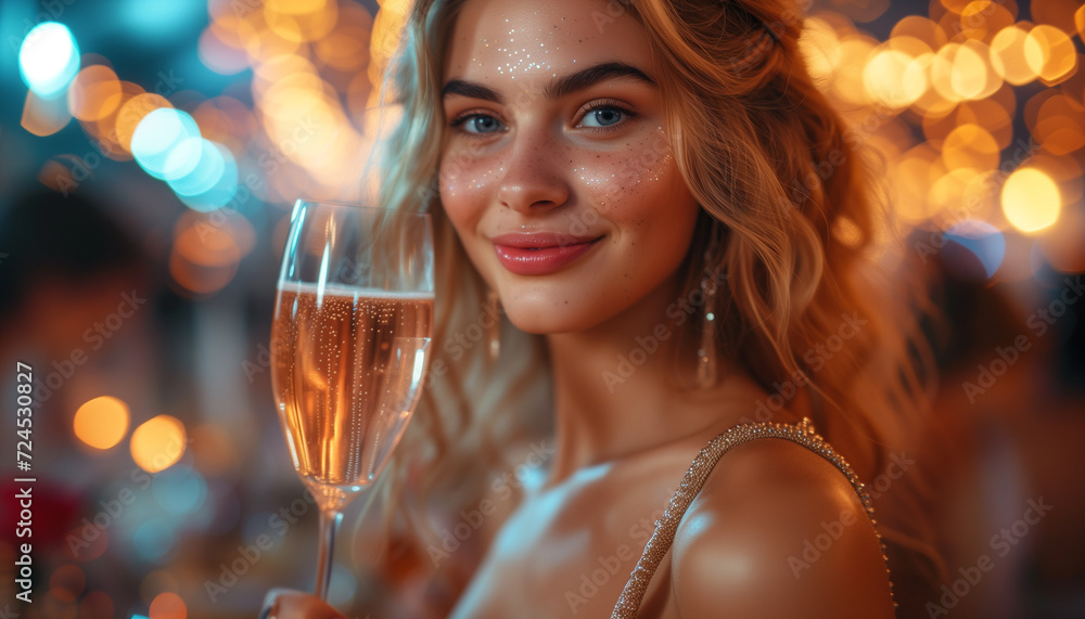 A young woman with a glittering face celebrates with a glass of champagne, her eyes sparkling as much as her drink..