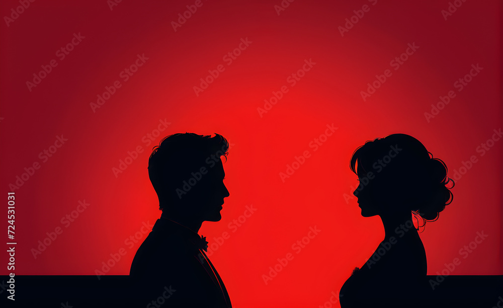 Couple silhouette. red background with copy space. Generative AI
