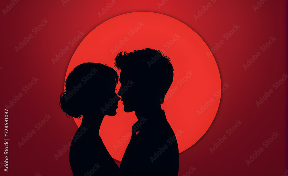 Couple silhouette. red background with copy space. Generative AI