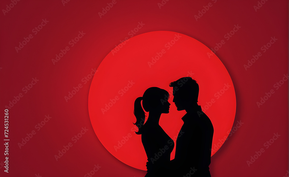 Couple silhouette. red background with copy space. Generative AI