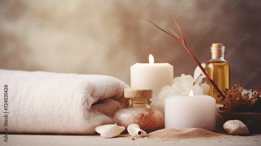 A tranquil spa arrangement with white candles, massage oil, fluffy folded towels, and sea shells on a sandy surface.