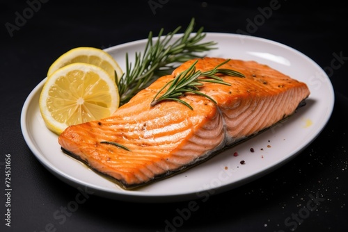 Salmon fillet, lemon, rosemary leaves, olive oil, colorful and delicious.