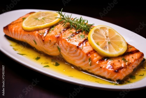 Salmon fillet, lemon, rosemary leaves, olive oil, colorful and delicious.
