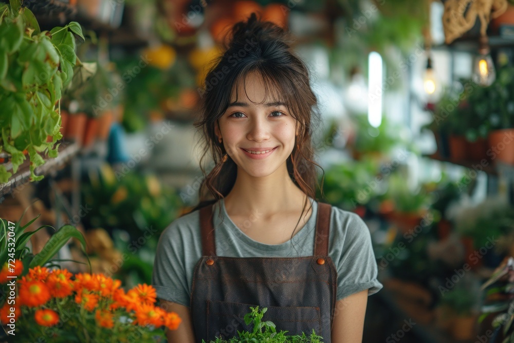 A happy and attractive young woman, owner of a floral shop, tends to blooming plants with care and professionalism. A happy and attractive young woman, owner of a floral shop, tends to blooming plants with care and professionalism.