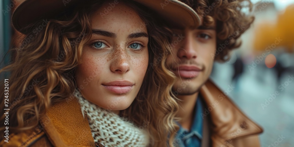 Fototapeta premium A fashionable and trendy young couple, smiling outdoors, enjoying a happy and romantic moment.