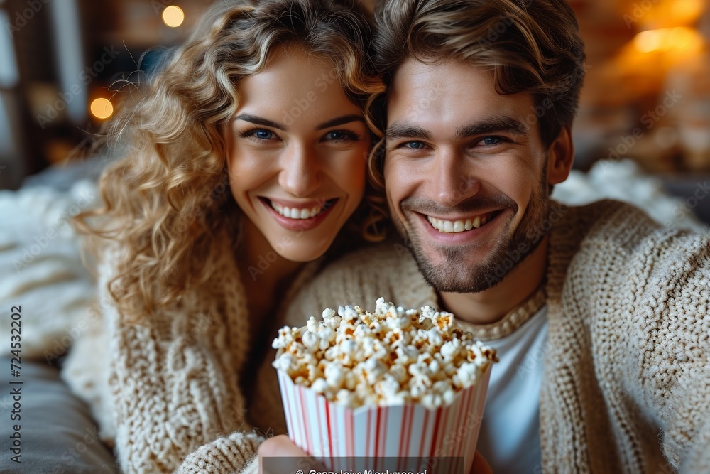 A loving couple lying on the sofa, laughing, and enjoying popcorn while watching a movie at home. A loving couple lying on the sofa, laughing, and enjoying popcorn while watching a movie at home.