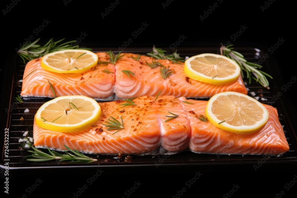 Salmon fillet, lemon, rosemary leaves, olive oil, colorful and delicious. Salmon fillet, lemon, rosemary leaves, olive oil, colorful and delicious.