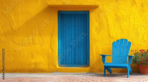 A vibrant outdoor setting with a bright yellow wall, a closed blue door, a matching blue Adirondack chair, and a pot of blooming red flowers.