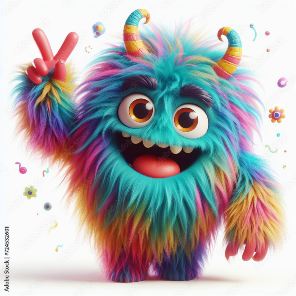 Colorful furry and cute monster dancing and waving 3D render character cartoon style