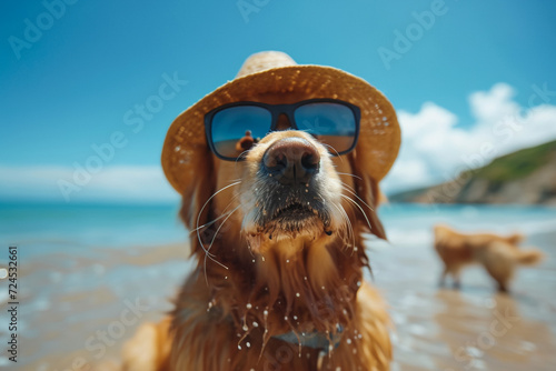 chihuahua dog at the ocean shore beach wearing red funny sunglasses smiling at camera