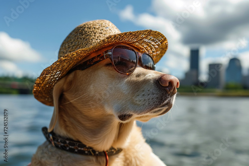 chihuahua dog at the ocean shore beach wearing red funny sunglasses smiling at camera