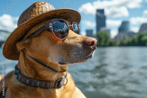 jack russell dog surfing on a wave , on ocean sea on summer vacation holidays, with cool sunglasses and flower chain