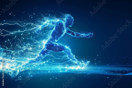 Human body shape of a running man filled with blue water on blue gradient background - sport or fitness hydration,  photo