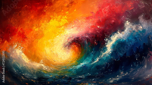 Colorful sky and ocean wave abstract background. Oil painting style.