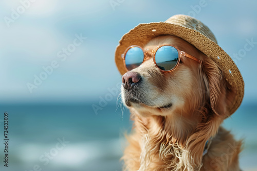 jack russell dog surfing on a wave , on ocean sea on summer vacation holidays, with cool sunglasses and flower chain