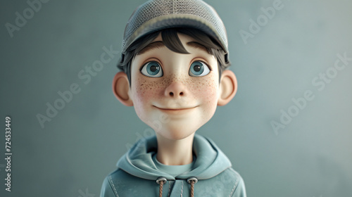 Cheerful cartoon boy with a stylish baseball cap and periwinkle pullover, captured in a captivating 3D headshot. Perfect for adding a youthful and vibrant touch to any project. photo