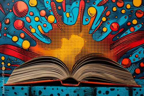 Stack of colorful books in pop art style against a sunburst background