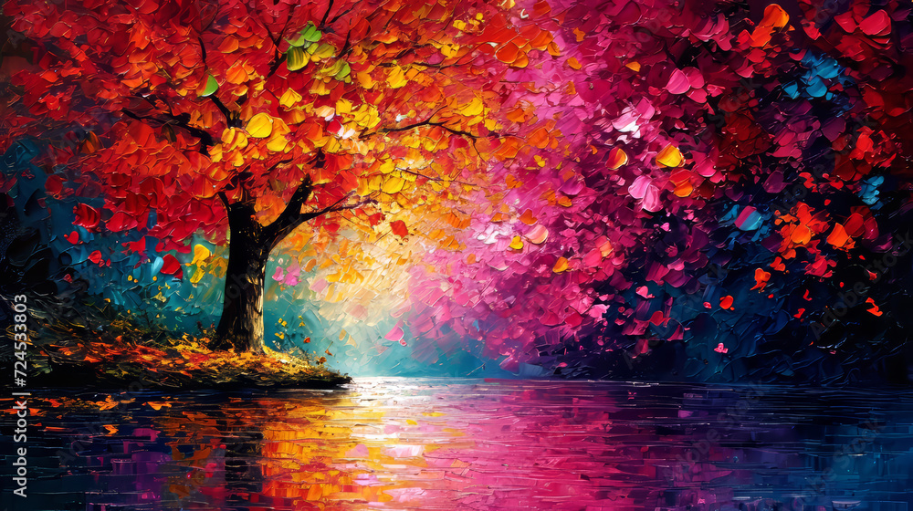  Painting of a tree with colorful flowers in the autumn season. Oil color painting.