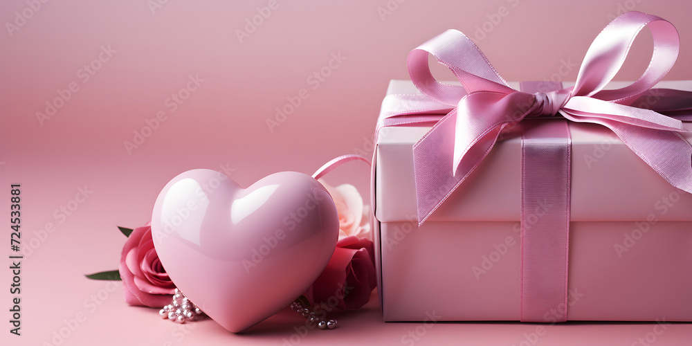 Pink heart with pink gift box and flowers