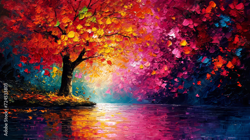  Painting of a tree with colorful flowers in the autumn season. Oil color painting.
