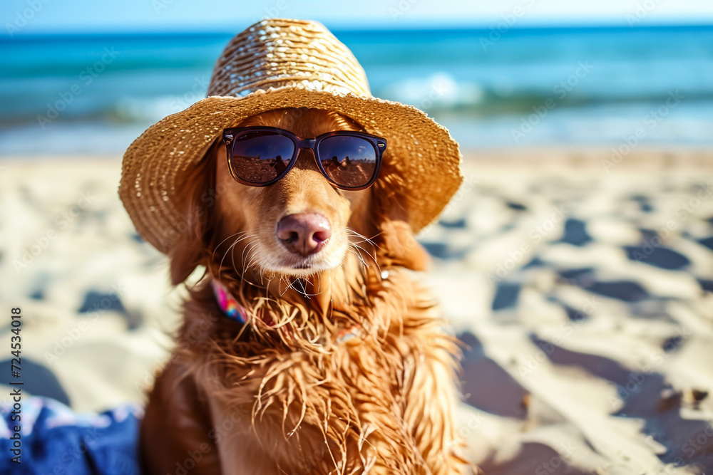 adorable dog dachshund, black and tan, sit sand at the beach sea on summer vacation holidays, wearing sunglasses and flower hawaiian . chain.
