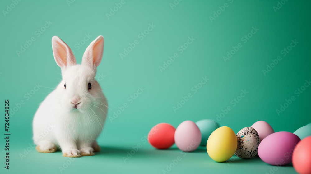 Cute white bunny with easter colorful eggs on a green background.  Minimal easter background. Bunnycore