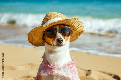adorable dog dachshund, black and tan, sit sand at the beach sea on summer vacation holidays, wearing sunglasses and flower hawaiian . chain. © Mujahid