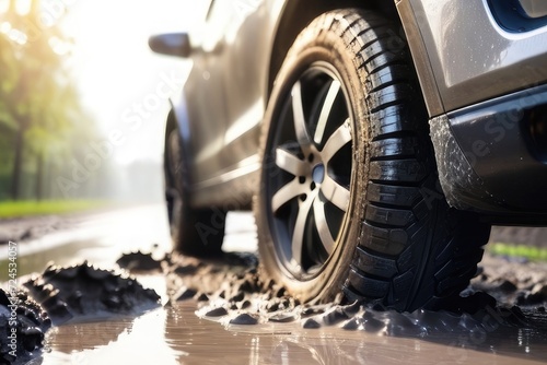 Winter Tire Resilience Close-Up on a Car Wheel Navigating a Muddy Road