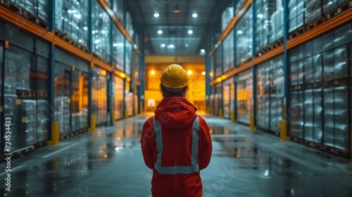 Worker in hard hat and red uniform in warehouse - back view
