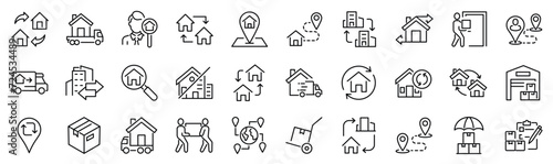 Set of 30 outline icons related to relocation. Linear icon collection. Editable stroke. Vector illustration