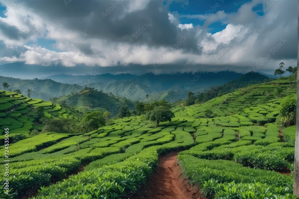 tea fields, serene tea plantation scenery, photography backdrop, 
