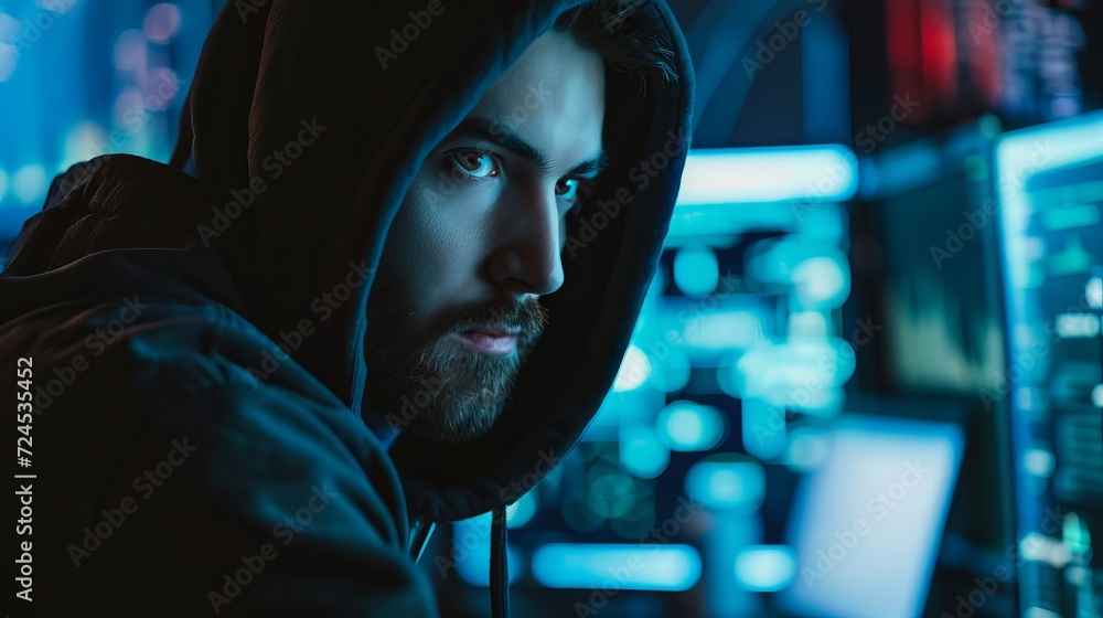 Professional Gamer Playing Online Multiplayer Videogames with Multiple Computer Screens and Blue Lights Professional Gamer Playing Online Multiplayer Videogames with Multiple Computer Screens and Blue Lights