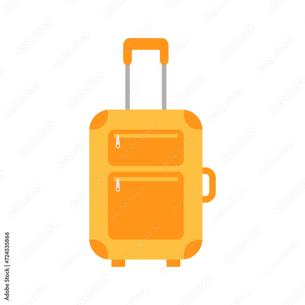Yellow Suitcase on wheels with a handle. Luggage or baggage, plastic bag flying, creative journey and travel concept. Flat vector illustration isolated on white background Yellow Suitcase on wheels with a handle. Luggage or baggage, plastic bag flying, creative journey and travel concept. Flat vector illustration isolated on white background
