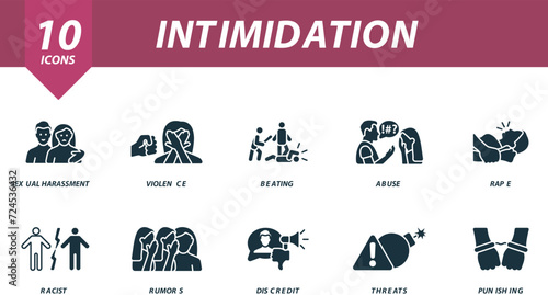 Intimidation icons set. Creative icons: sexual harassment, violence, beating, abuse, rape, racist, rumors, discredit, threats, punishing.