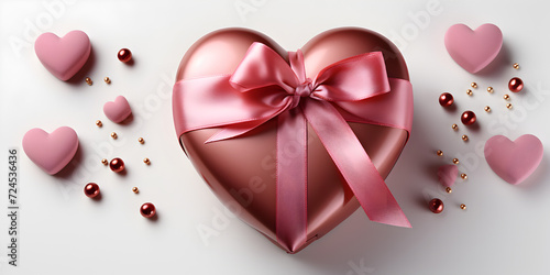 Pink gift box with ribbon and heart shaped ornaments