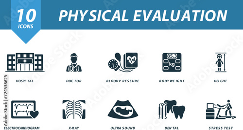 Physical evaluation icons set. Creative icons: hospital, doctor, blood pressure, body weight, height, electrocardiogram, x-ray, ultrasound, dental, stress test.