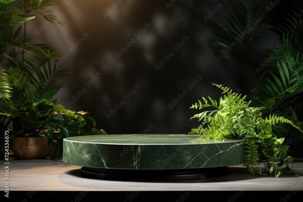 Product display. empty marble podium display stand for product display with green foliage. Product display. empty marble podium display stand for product display with green foliage.