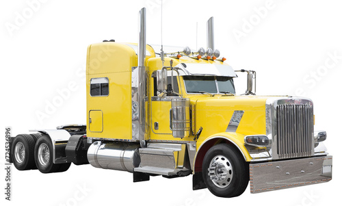 New and shiny traditional american truck isolated on white for easy selection with colored sheet metal and stainless steel bodywork - yellow color - any writing or branding has been removed