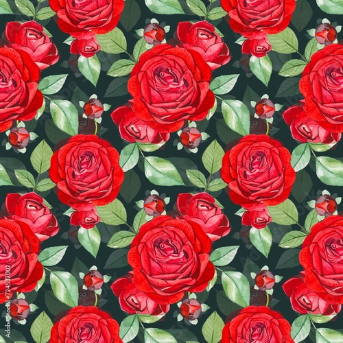 Floral seamless pattern with red roses, watercolor on a dark background
