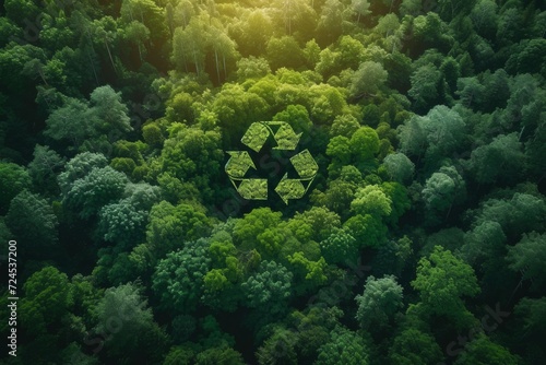 top view illustration of recycle sign with leaves in the forest 